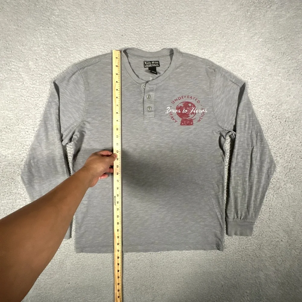Lucky Brand Shirt Mens Large Gray Henley Vintage Inspired Graphic Tee Boxing Gym